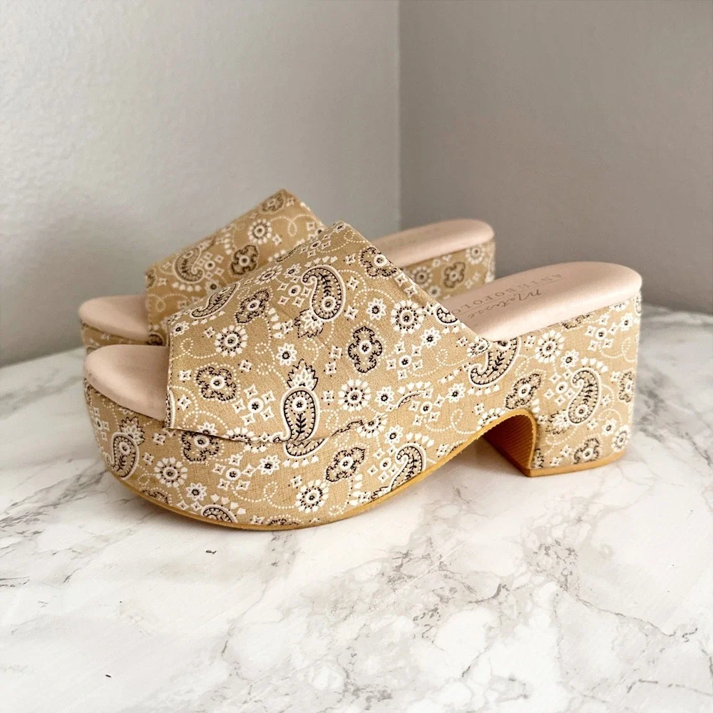 Matisse X Anthro Terry Paisley Tan Platform Slide Sandals Women's Size 8
